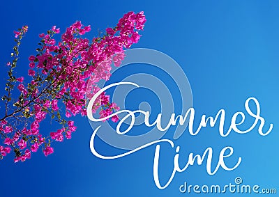 Pink bougainvillea against the sky and text Summer time. Calligraphy lettering hand draw Stock Photo