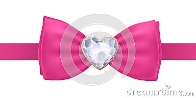 Pink bow tie with heart diamond brooch. Vector Illustration