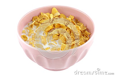 A pink bowl of cereal, corn flakes and fresh milk Stock Photo