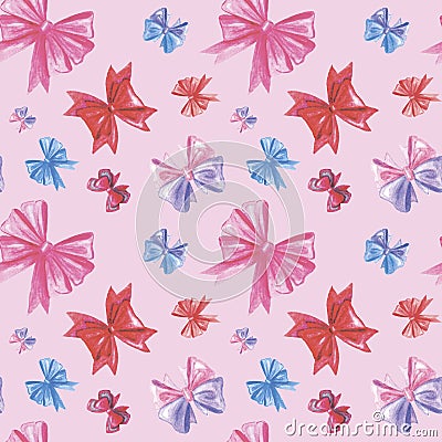 Pink bows, pattern, watercolor Stock Photo