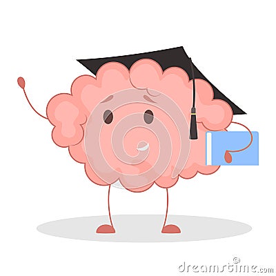 Pink brain character, happy sticker. Cute funny human organ. Vector Illustration