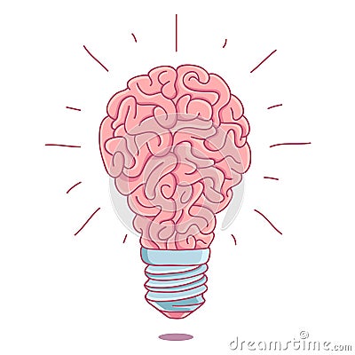 Pink brain in the form of a burning light bulb Vector Illustration