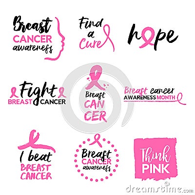 Pink breast cancer awareness typography quote set Vector Illustration