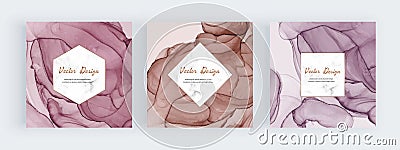 Pink and brown alcohol ink square banners with geometric marble frames Vector Illustration