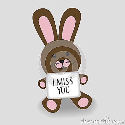 Pink and brown bunny with message I miss you Cartoon Illustration