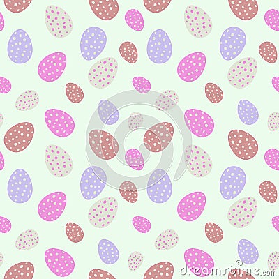 Pink, brown and violet easter eggs with dots on pastel green background seamless pattern Stock Photo