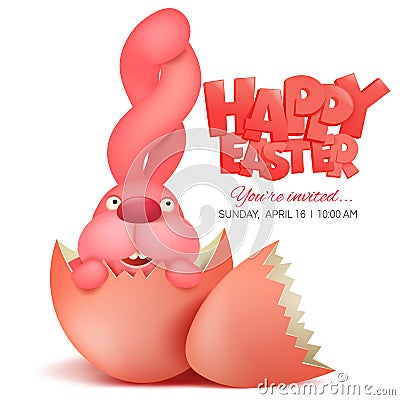 Pink bunny in broken egg. Easter invitation card Cartoon Illustration