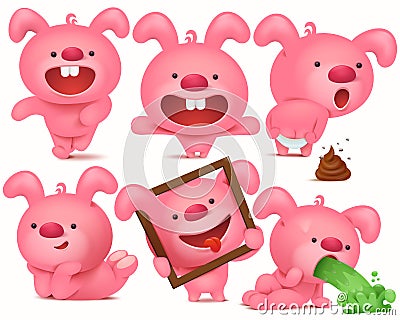 Pink bunny emoji character set with different emotions and situations. Cartoon Illustration
