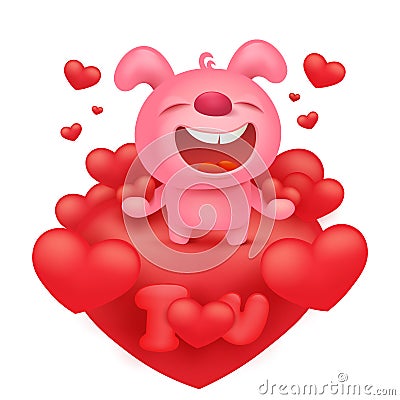 Pink bunny emoticon cartoon character with red hearts Cartoon Illustration