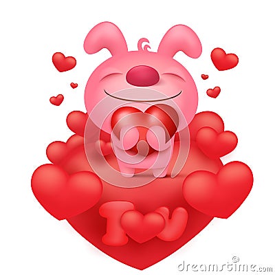 Pink bunny emoticon cartoon character with red hearts Cartoon Illustration