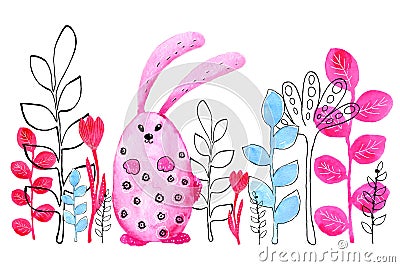 Pink bunny, rabbit. Border. Drawing in watercolor and graphic style for the design of prints, backgrounds, cards, wedding Stock Photo