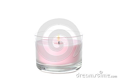 Pink burning candle in glass jar isolated on background Stock Photo