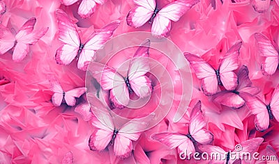 Pink butterflies and flowers on pink background, created using generative ai technology Stock Photo