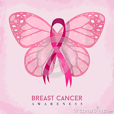 Pink butterfly with ribbon for breast cancer Vector Illustration