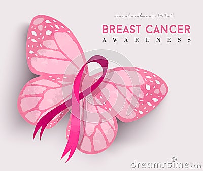 Pink butterfly ribbon for breast cancer awareness Vector Illustration