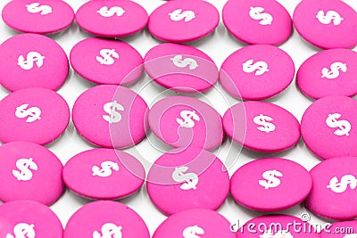 Pink buttons with white dollar sign, lined up as background for all topics related to finance, business and currencies Stock Photo