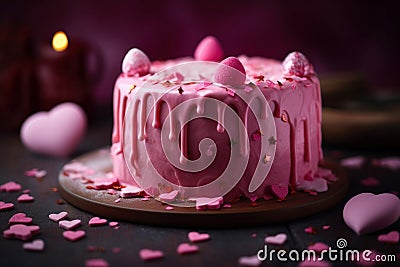 Pink cake with hearts shapes ornaments. Generate ai Stock Photo