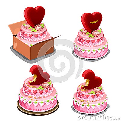 Pink cake with red biscuits in shape of heart Vector Illustration