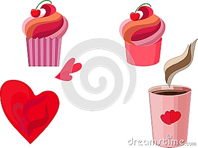 Pink cakes, coffee, hearts Vector Illustration