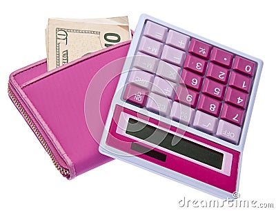 Pink Calculator with Money Filled Wallet Stock Photo