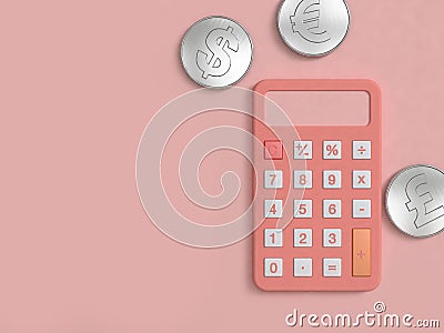 Pink calculator and three silver coin on pink floor minimal 3d render Stock Photo