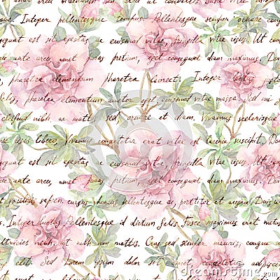 Pink camelia flowers and vintage ink text letter. Watercolor. Repeating retro floral pattern Stock Photo