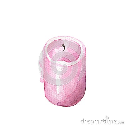 Pink candle watercolor illustration on white background. Rose pink candle drawing. Cartoon Illustration