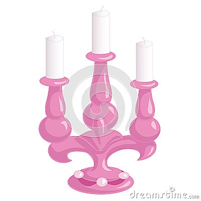 Pink candlestick on three candles isolated on white background. Vintage household items. Cartoon drawing illustration. Stock Photo