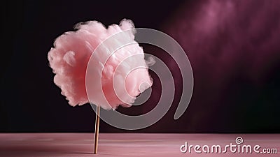Pink candy floss on a stick on dark background with copy space. Generative AI Stock Photo