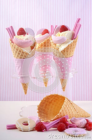 Pink candy ice creams in cones. Stock Photo