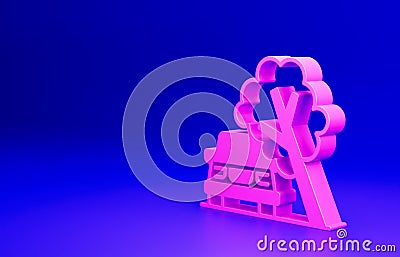 Pink Car damaged by fallen tree icon isolated on blue background. Auto insurance case. Car crash with tree, road Cartoon Illustration