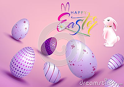 Pink card with Easter eggs, isolated cute bunny Vector Illustration