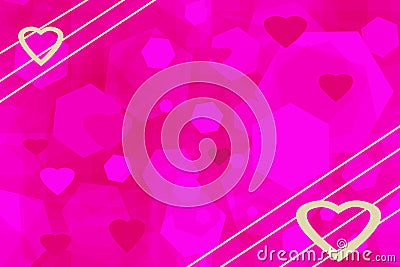 Pink card template with polygonal elements. Gold lines and hearts on the background of pink hexagons and hearts. Stock Photo