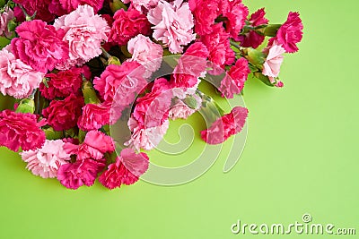 Pink carnation flowers bouquet on green background. Mother`s day, Valentines Day, Birthday celebration concept. Greeting card. Stock Photo