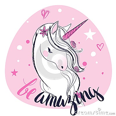 Pink cartoon fairytale unicorn Vector Illustration