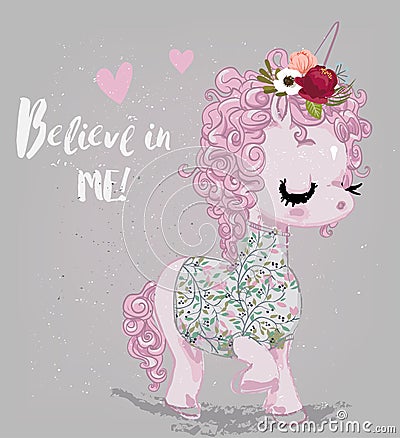 Pink cartoon fairytale unicorn Vector Illustration