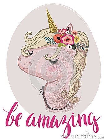 Pink cartoon fairytale unicorn Vector Illustration