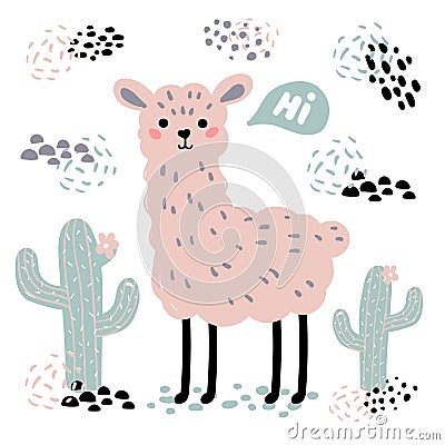 Pink cartoon lama alpaca, cactuses and hi text Vector Illustration