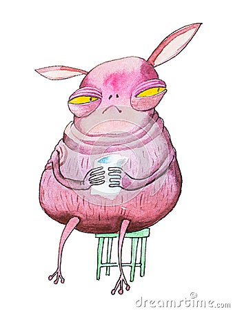 Pink cartoon monster with yellow eyes and long ears looking suspicious sitting on chair holding a cup Stock Photo