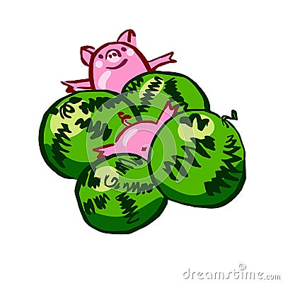 Funny cute color vector pig and melon Cartoon Illustration