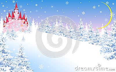 Pink castle on the background of the winter forest Vector Illustration