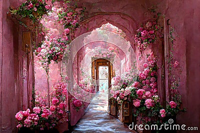 Pink castle hallway strewn red roses all around the door and window. Flowers everywhere. Victorian style. Ai digital art Cartoon Illustration