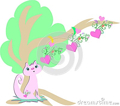 Pink Cat and Hearts Tree Vector Illustration