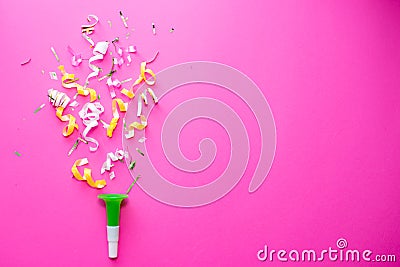 Pink Celebration,party backgrounds concepts ideas with colorful confetti,streamers on white.Flat lay design. Stock Photo