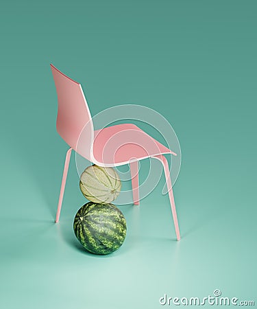 Pink chair with broken leg. 3d render, 3d illustration. Cartoon Illustration