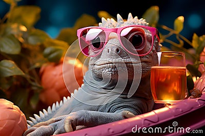 Pink chameleon drinking wine on the beach at sunset. Vacation, party or holiday concept. Stock Photo