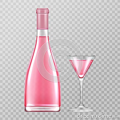 Pink champagne bottle and glass, rose bubbly wine Vector Illustration