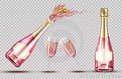 Pink champagne explosion bottle and wineglass set Vector Illustration