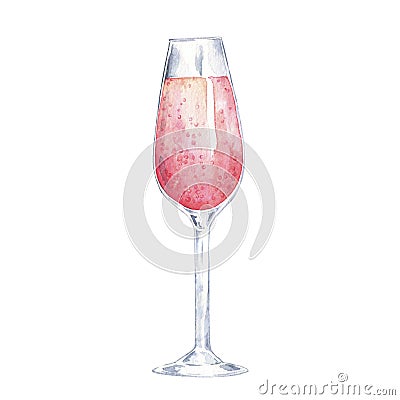 Pink champagne wine glass. Watercolor. Cartoon Illustration