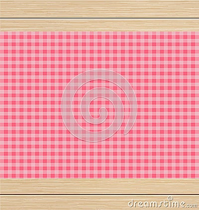 Pink Checkered Tablecloth on White Oak Wooden Table Vector Illustration